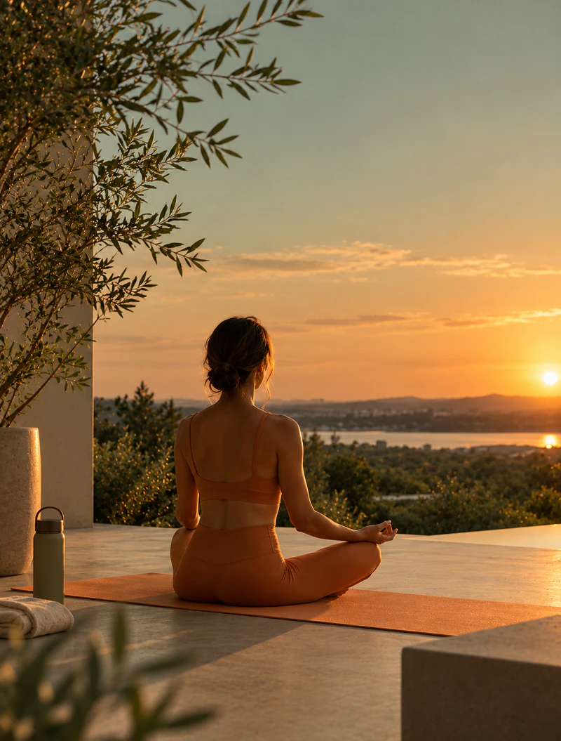 Mulher sentada em meditação, de costas, diante de um pôr do sol