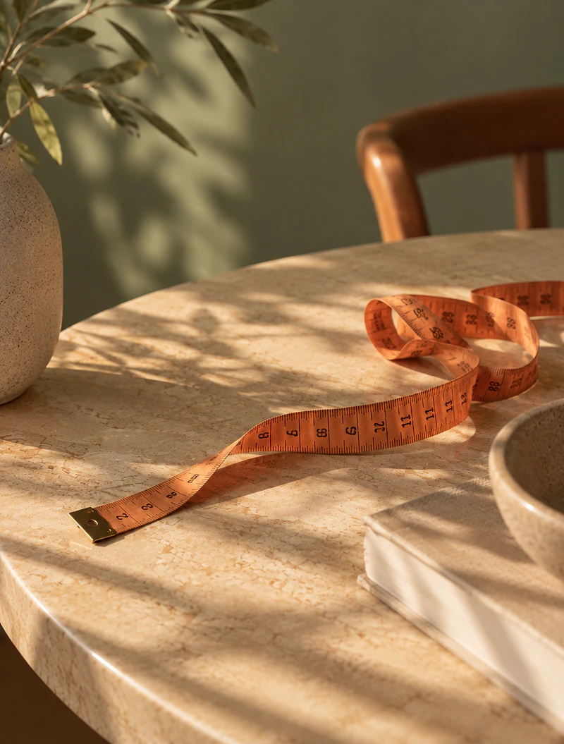 Fita métrica sobre uma mesa clara, com luz natural